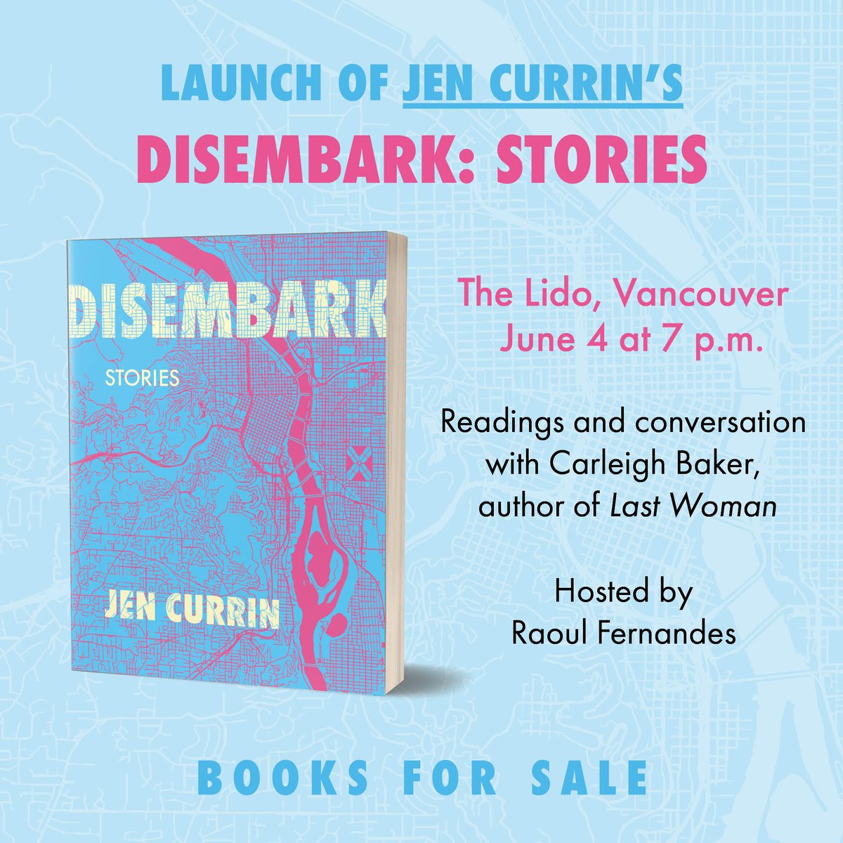 I'm putting my hosting hat on again for the launch of my dear friend Jen Currin's fresh new book of stories DISEMBARK. Also the amazing Carleigh Baker @wanlittlehusk will read from her new collection! Come out!