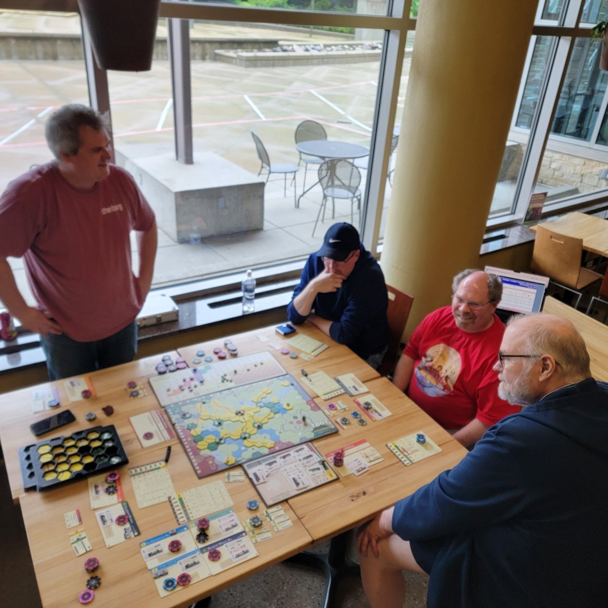 GameMadison's tweet image. 6p 1861 with Dave, David, Andy, Wade, Chris, &amp;amp; Rob at Union South.  @grandtrunkgames #18XX #CCMF  Only $210 starting cash, 5 Privates for 6 players.  Odd man out (me) chose 2 minor start.
 Outcome TBD.