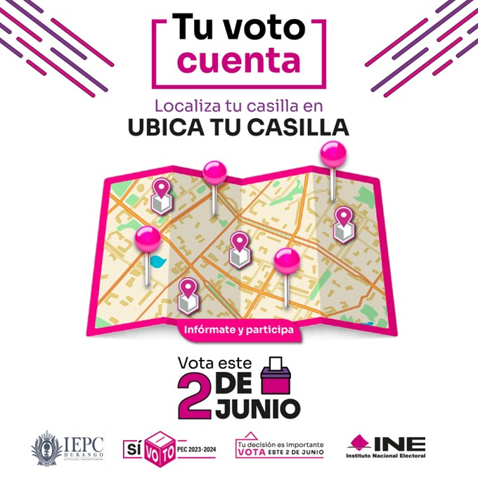 🗳️Ubica tu casilla en ubicatucasilla.ine.mx y vota este 2 de junio #ParticipaciónCiudadana2024 🗳️