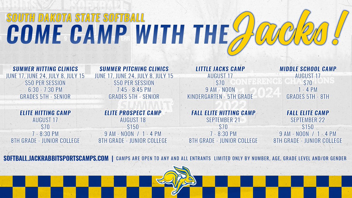 Don’t forget our camp offerings begin this month!

Sign up at softball.jackrabbitsportscamps.com/?DB_OEM_ID=150…
