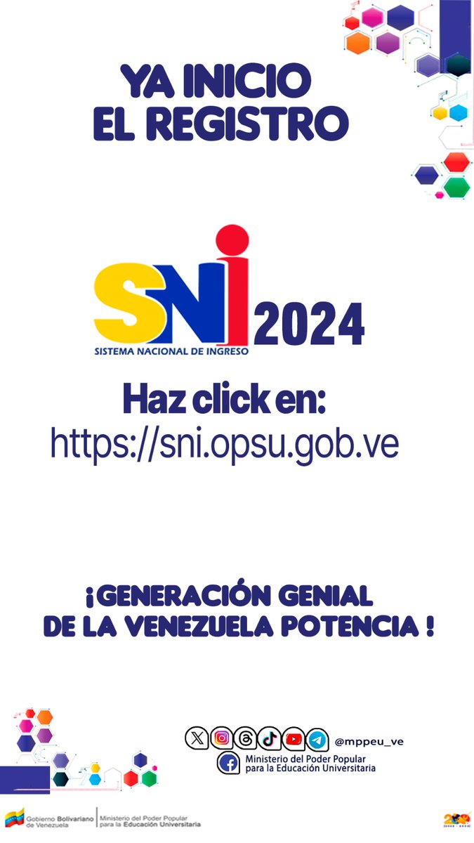 ¡Vamos!👋🏽 Inscríbete en el SNI

El Gobierno Bolivariano garantiza la prosecución de tus estudios universitarios. 

Hasta el 22 de julio podrás registrarte en la página del Sistema Nacional de Ingreso (SIN).

Ingresa aquí: sni.opsu.gob.ve

#AvanzandoConAmor