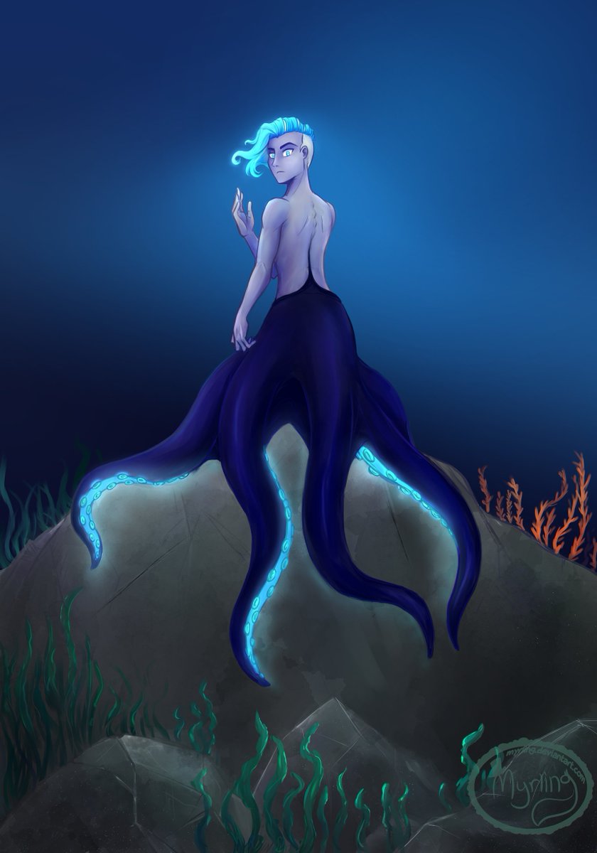 #Mermay is over. Time for gay octopus OCs.🏳️‍🌈

Name: Prince Aztauro
Title: His deepness of the abyss

I was playing with the lore in Disney's The Little Mermaid, specifically what other Cecaelian or cephalopod people could look like, and the life/unlife in the Hadal zone...👀