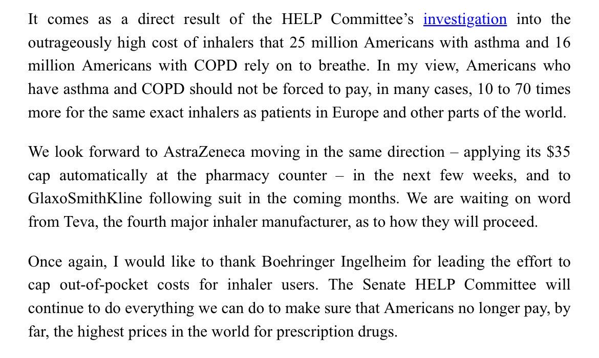 Today, as a direct result of our investigation into the outrageously high cost of inhalers, the major pharmaceutical company Boehringer Ingelheim will now allow people with asthma and COPD to purchase brand name inhalers at their local drugstore for only $35.