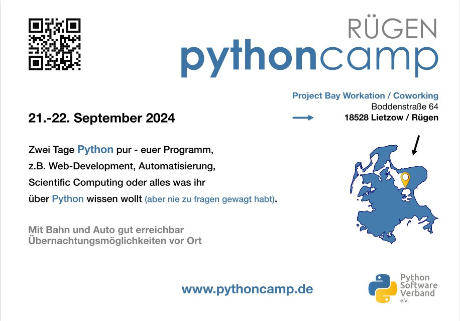 pythoncamp's tweet image. Hey #Pythonistas, es ist bald wieder soweit. Wir freuen uns mit Euch auf ein #PythonCamp am . 21-22. Sept auf #Rügen. Der Veranstaltungstermin liegt außerhalb der Ferienzeit.
Das #Veranstaltungsprogramm wird – wie bei einem #BarCamp üblich – von den Teilnehmern selbst gestaltet.