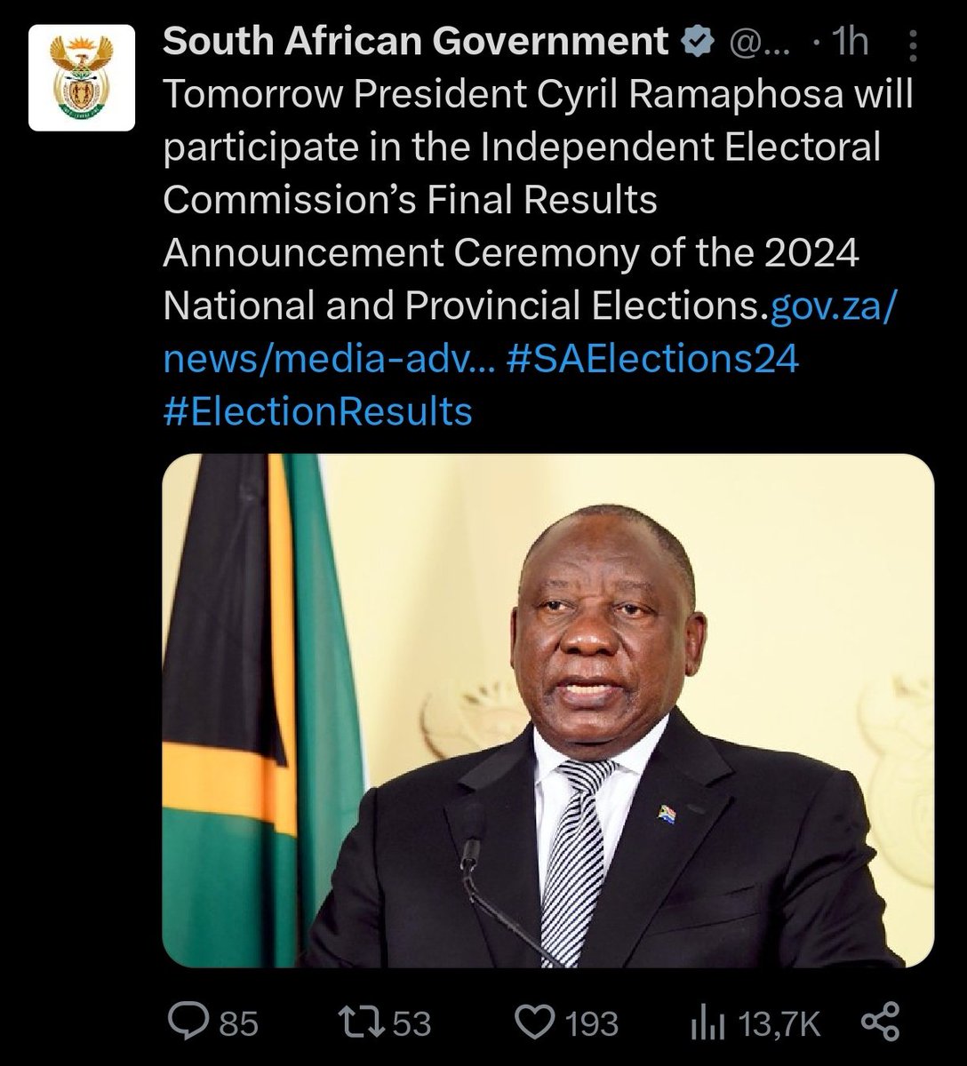 IEC to declare and announce #election2024🇿🇦 at 18:00 tomorrow
