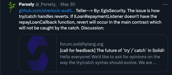 Parsely provided a spot-on answer.

This specific bug earned the Egis team $2,200.

The issue is related to the behavior of the try-catch block in Solidity. It may not always catch the revert as expected, as shown in the following example.
