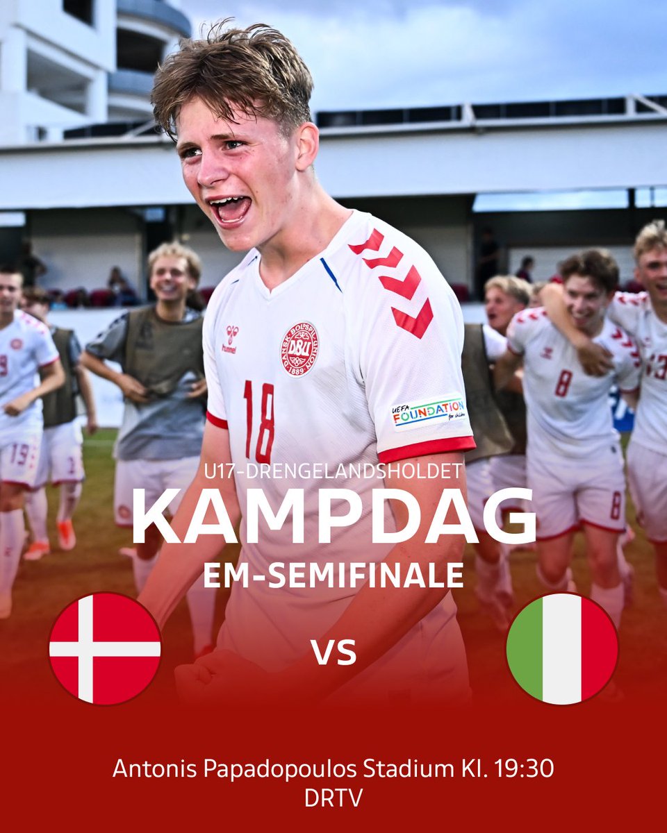 🇩🇰 EM-SEMIFINALE 🇩🇰 Kun én kamp står mellem Danmark og EM-finalen. I aften spiller de danske U17-drenge EM-semifinale mod Italien 👊 🏟️ Antonis Papadopoulos Stadium 🕢 19.30 📺 DRTV (Kampen vises kun på DRTV og ikke på DR2) Kom så, gutter! 🔴⚪