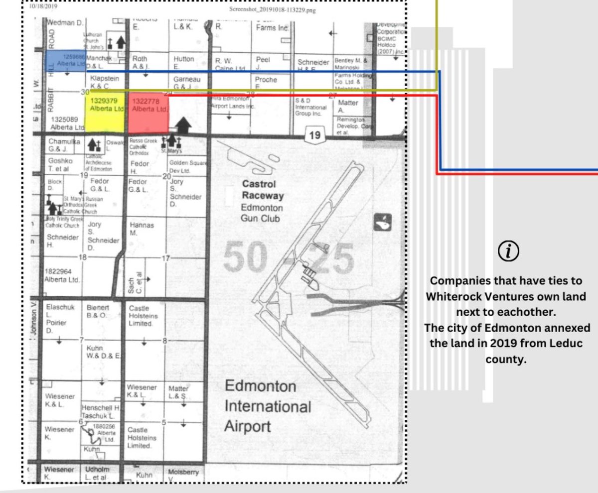 BezirganMocha's tweet photo. EXCLUSIVE: 
Companies tied to Whiterock Ventures (WRV) jointly own land next to each other that the city of Edmonton recently annexed from Leduc County.

Originally valued as agricultural land, it is now set to become high-density, commercial, residential land worth upwards of a billion dollars once fully constructed and developed. 

A large population is expected to live in this zone at some point. It’s about 15 minutes walk to the Edmonton International Airport.

Why is this concerning and deserves further scrutiny?

Because WRV is owned and controlled by Mayor Amarjeet Sohi’s brother, Harkesh Sohi, his election campaign manager Harbhajan (Raj) Pandher, and many other donors to Sohi, WRV has a history of receiving contracts worth upwards of millions of dollars at the expense of Canadian taxpayers and public funds. Amarjeet never disclosed this company or many others in his disclosures to the city of Edmonton.

The question arises: did @AmarjeetSohiYEG use his political influence to rapidly hyper-inflate the value of this land by having it annexed by the City of Edmonton during his tenure as a cabinet minister in @JustinTrudeau’s @liberal_party?

How did this area get magically annexed by the City of Edmonton’s mayor at the time, @doniveson, when Amarjeet Sohi was the infrastructure and communities minister?