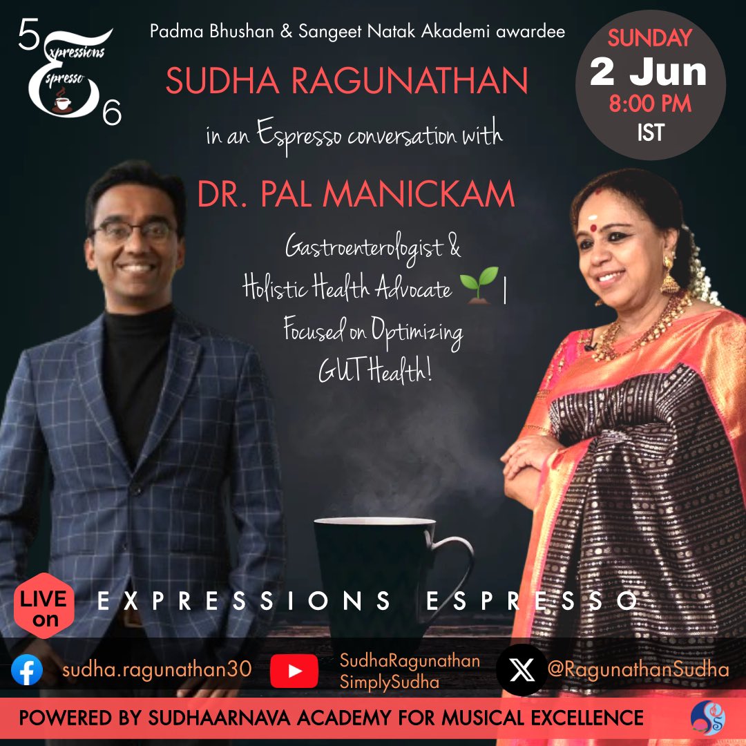 RagunathanSudha's tweet photo. This evening….
#expressionsespresso #sudharaghunathan #sudharagunathan #chatshow #musicalconversations #healthiswealth #knowmore #gutfeelings #thegutshow #backonpopulardemand #enlighteningmoments https://t.co/mSSiRFcuEM