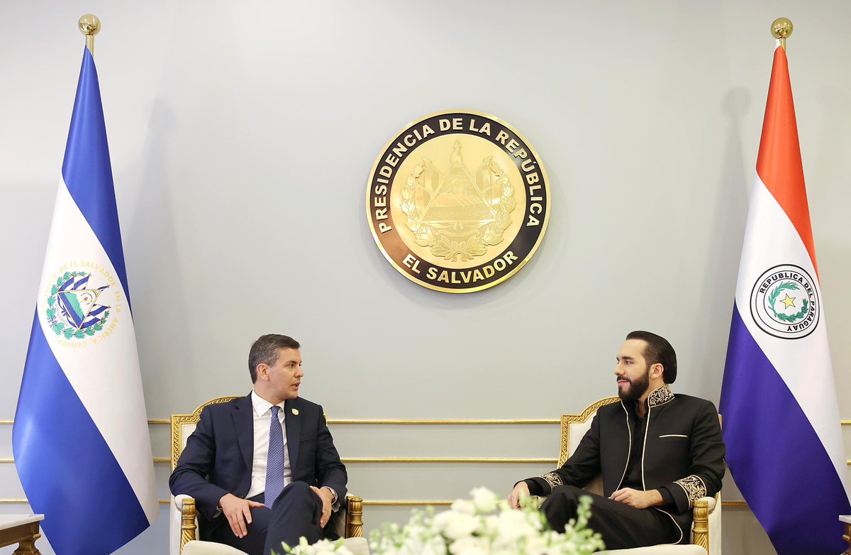 SantiPenap's tweet photo. ¡Seguimos estrechando lazos con países hermanos! Hoy mantuvimos una productiva reunión bilateral con el presidente @nayibbukele. Abordamos temas clave para fortalecer la cooperación y el desarrollo entre nuestras naciones. Trabajaremos comprometidos con el progreso y bienestar de nuestros pueblos. 🇵🇾🤝🇸🇻