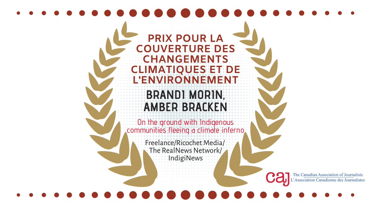 Canadian Association of Journalists (@caj) on Twitter photo The winners in our Environment and Climate Change category are:
🏆 @songstress28 & <a href="/photobracken/">Amber Bracken</a>, for Ricochet Media, The Real News Network and IndigiNews
The story: ricochet.media/climate/shelte…
Congratulations, Brandi and Amber!
#cajawards The winners in our Environment and Climate Change category are:
🏆 @songstress28 & <a href="/photobracken/">Amber Bracken</a>, for Ricochet Media, The Real News Network and IndigiNews
The story: ricochet.media/climate/shelte…
Congratulations, Brandi and Amber!
#cajawards