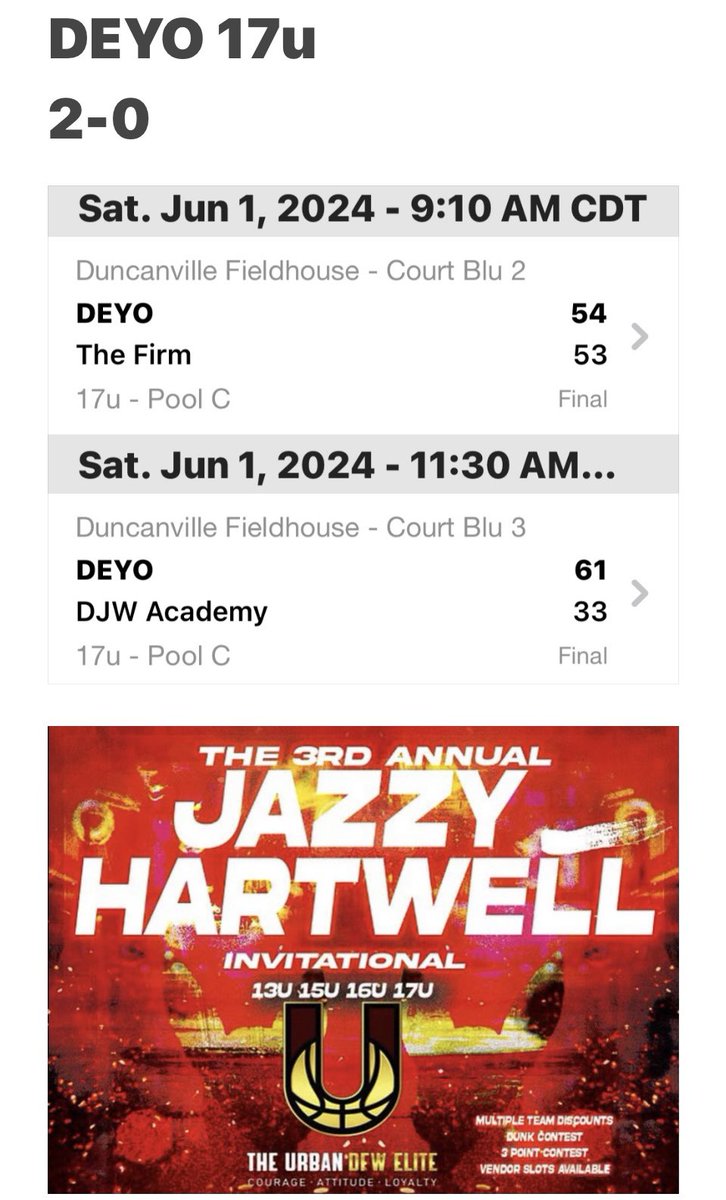 DEYO 17u ended the first day 2-0 at the Urban DFW @URBANDFWELITE 3rd Annual Jazzy Hartwell Invitational. Still grinding over here.