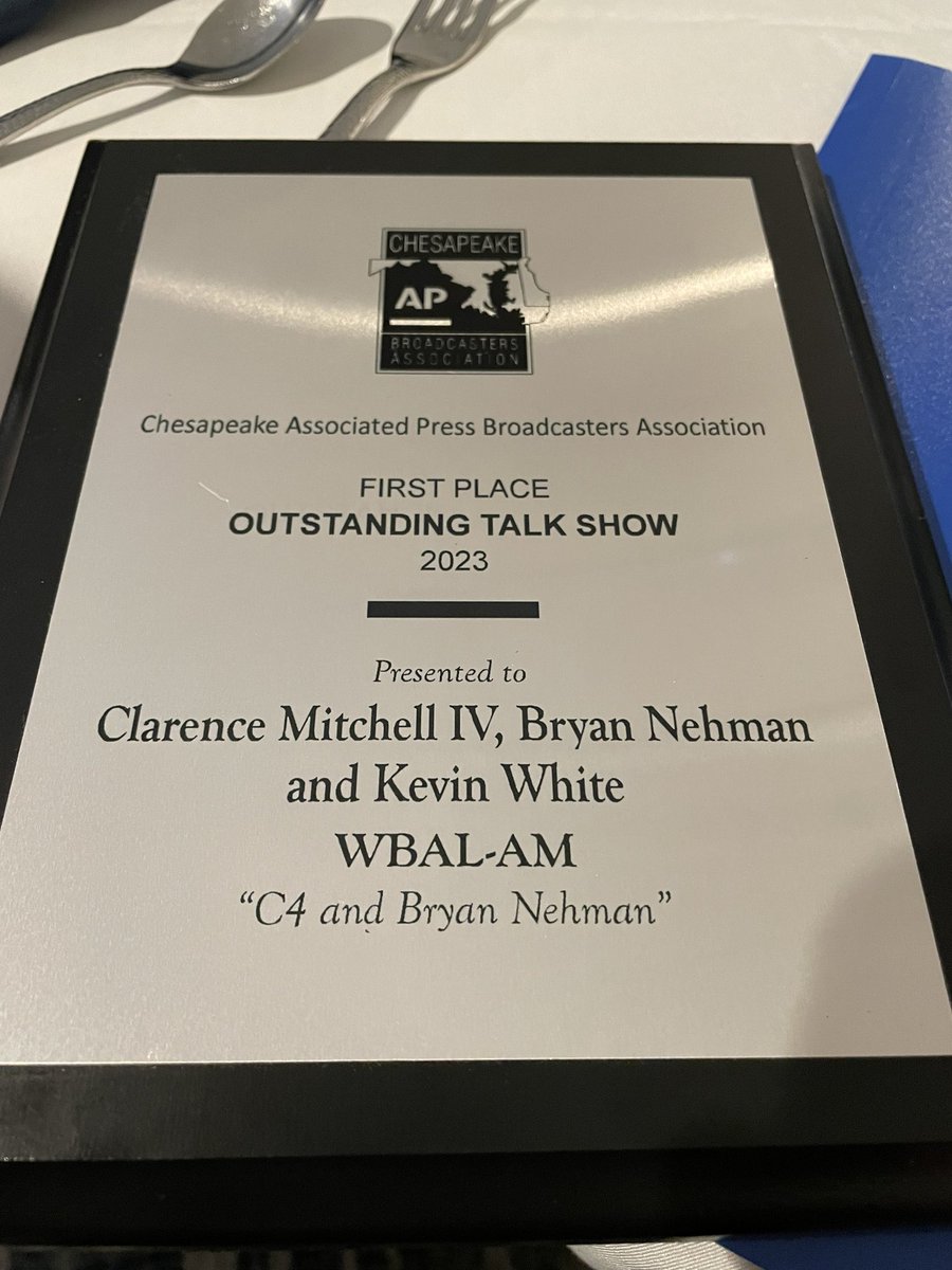 Reporterroblang's tweet photo. Also from Ocean City tonight @C4WBAL and @BryanNehman win Best Talk Show #2024CAPBA https://t.co/1eK2La0YUC
