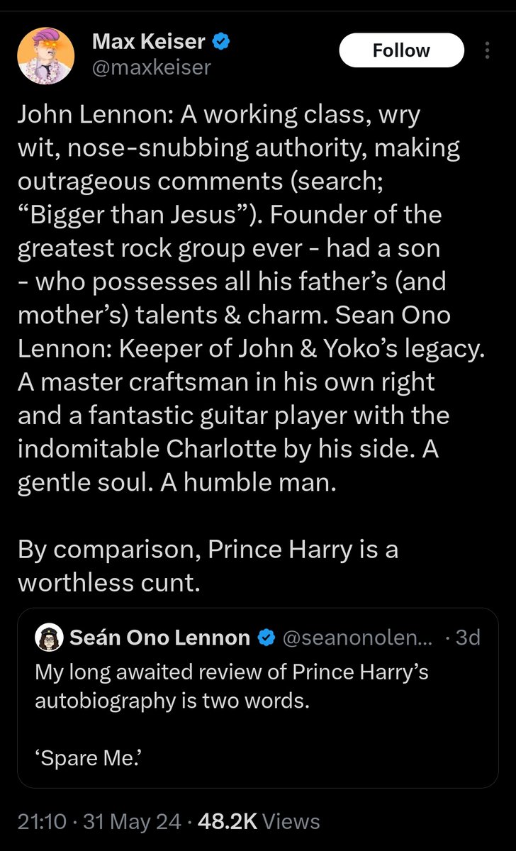 JasonTurner1966's tweet photo. I love this from John Lennon's youngest Son!
#sussexsquadarelosers #harrythespare #SpareUs #meghanisonlyfamousbecauseofthebritishroyalfamily #HarryandMeghan #Liars #fraudsters #megraine #horsewhippedharry #therewasnoracismsaysharry #provenliars #boring https://t.co/QNTkGbiWEb