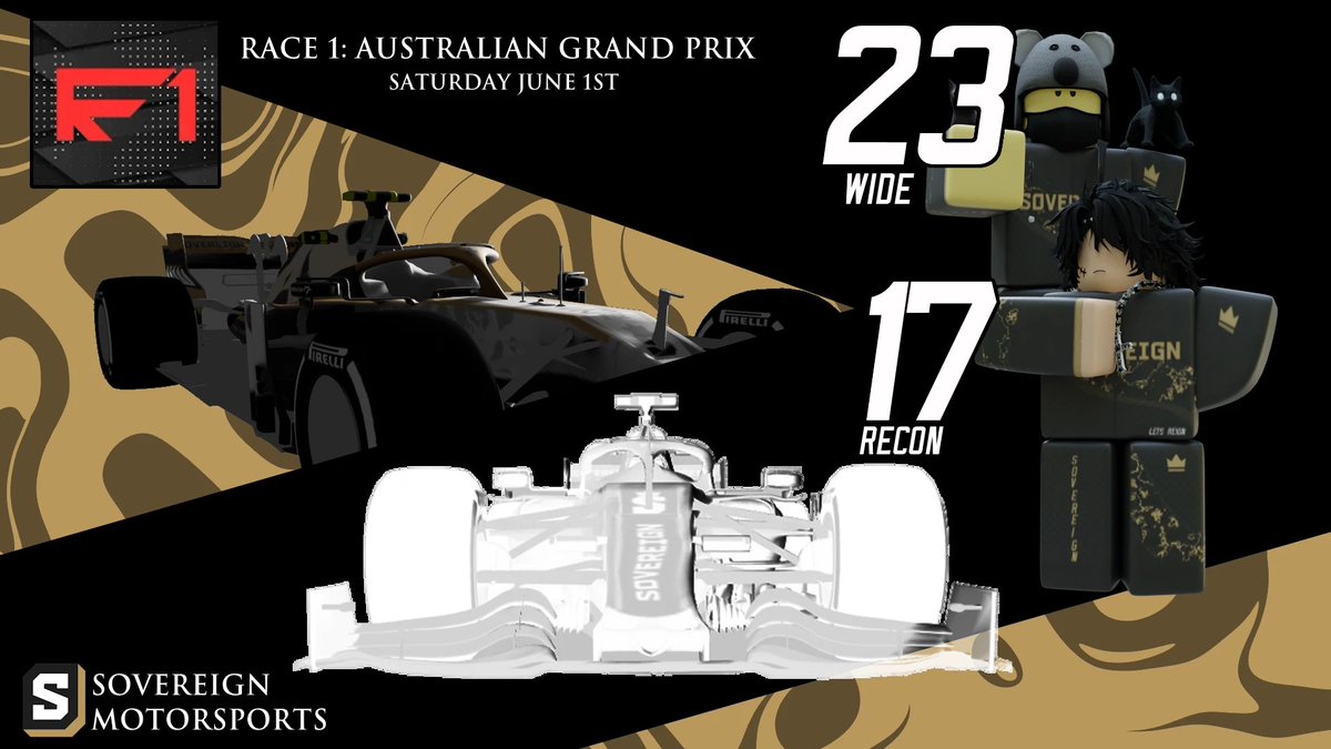 🏁 Come check out our F1 racing team under our second brand, Sovereign Sportswear! Watch as our dynamic duo, Wide and Recon, strive for 1st place in today's competition! 🏎️💨 #SovereignSportswear #F1 #WideAndRecon #Racing

Link: roblox.com/games/17375234…