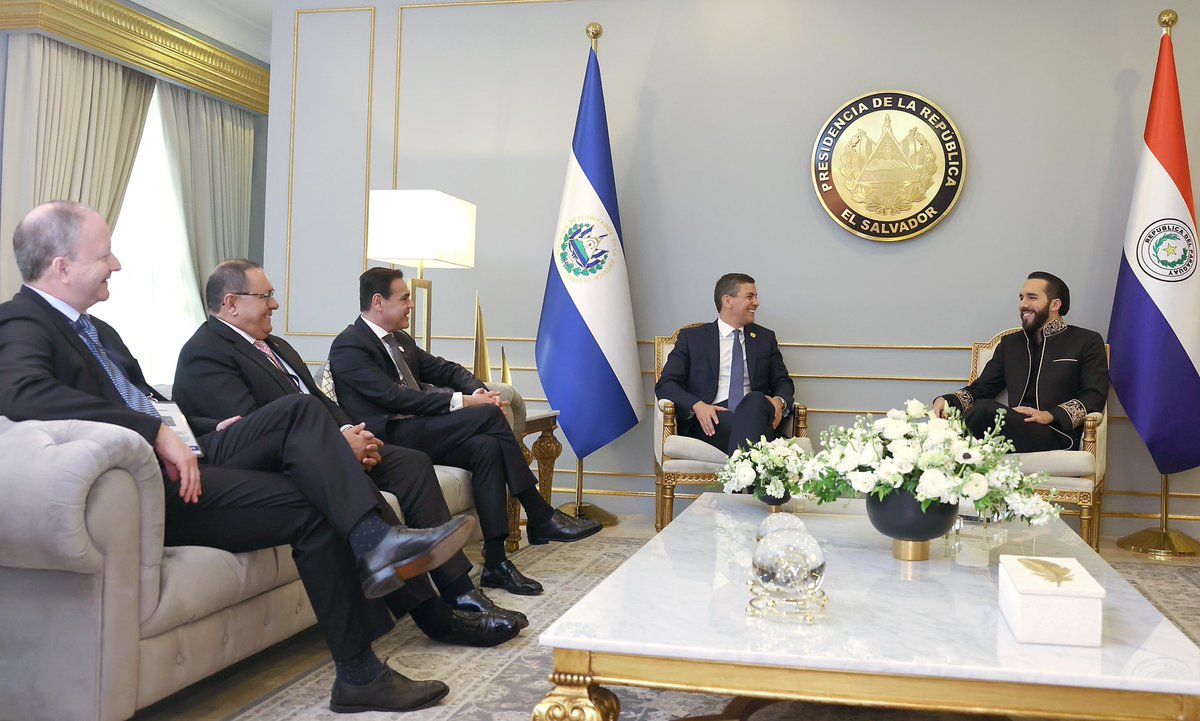 PresidenciaPy's tweet photo. 🇵🇾🤝🇸🇻Estrechamiento de lazos. El presidente @SantiPenap mantuvo una productiva reunión bilateral con el presidente @nayibbukele. Abordaron temas clave para fortalecer la cooperación y el desarrollo entre ambas naciones. https://t.co/JAFQPAhyf6