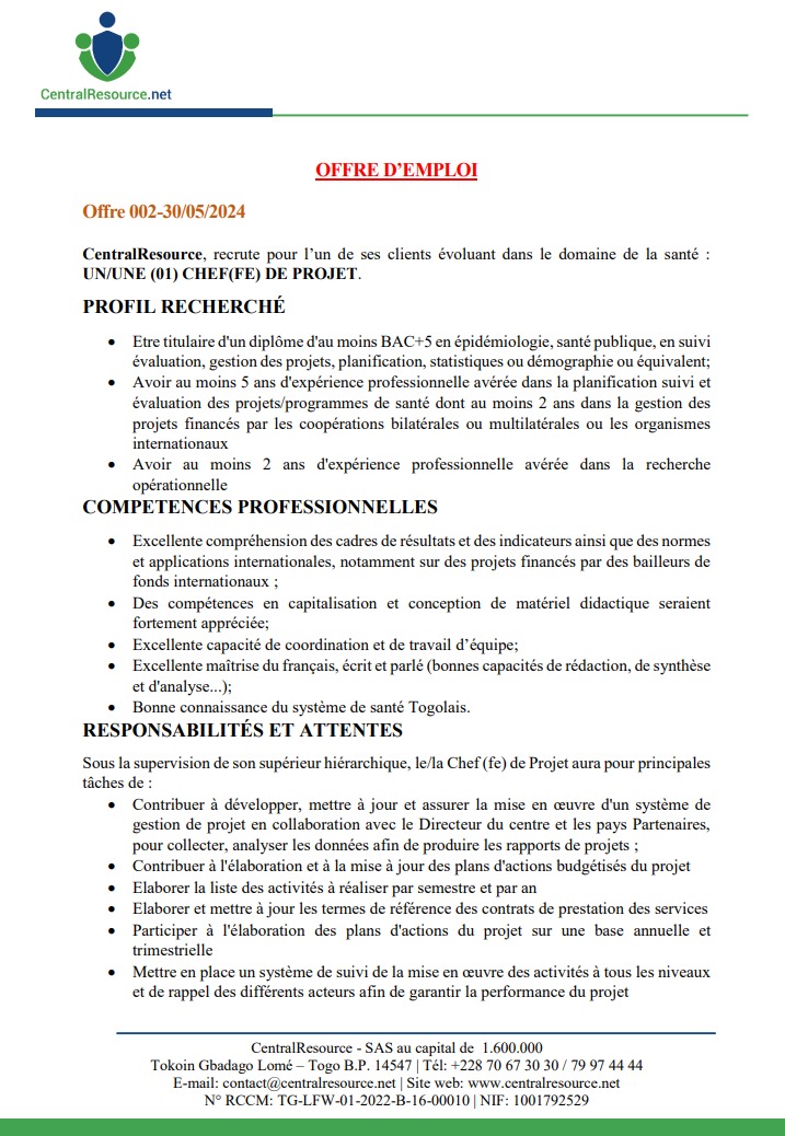 CENTRALRESOURC's tweet photo. UN/UNE (01) CHEF(FE) DE PROJET
#Centralresource #emploi
#Recrutement #Santepublique
#Tgtwittos 
@228togoviwo @DidierKissode https://t.co/t09EULXlI2