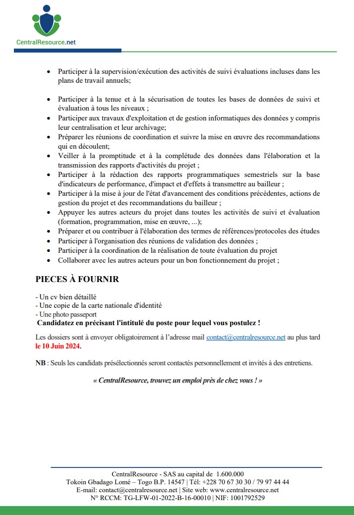 CENTRALRESOURC's tweet photo. UN/UNE (01) CHEF(FE) DE PROJET
#Centralresource #emploi
#Recrutement #Santepublique
#Tgtwittos 
@228togoviwo @DidierKissode https://t.co/t09EULXlI2