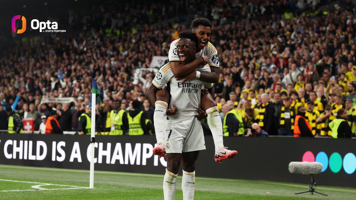 OptaJose's tweet image. 1 - At 23 years and 325 days, @realmadriden ⚪️⚪️ attacker @Vinijr 🇧🇷 has become the youngest player in history to score in two Champions League finals after doing so in 2022 vs Liverpool, surpassing Leo Messi's record (23a 338d in 2011). Gold.