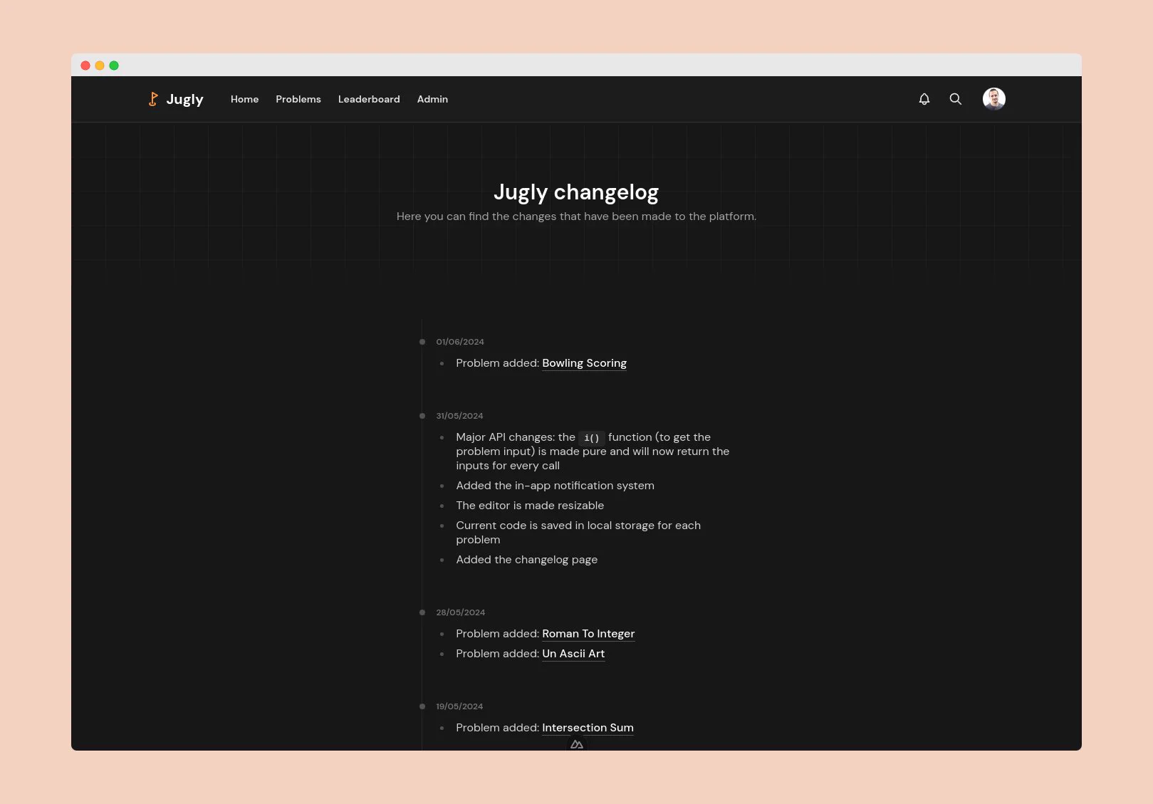 Mockup of the changelog page on jugly