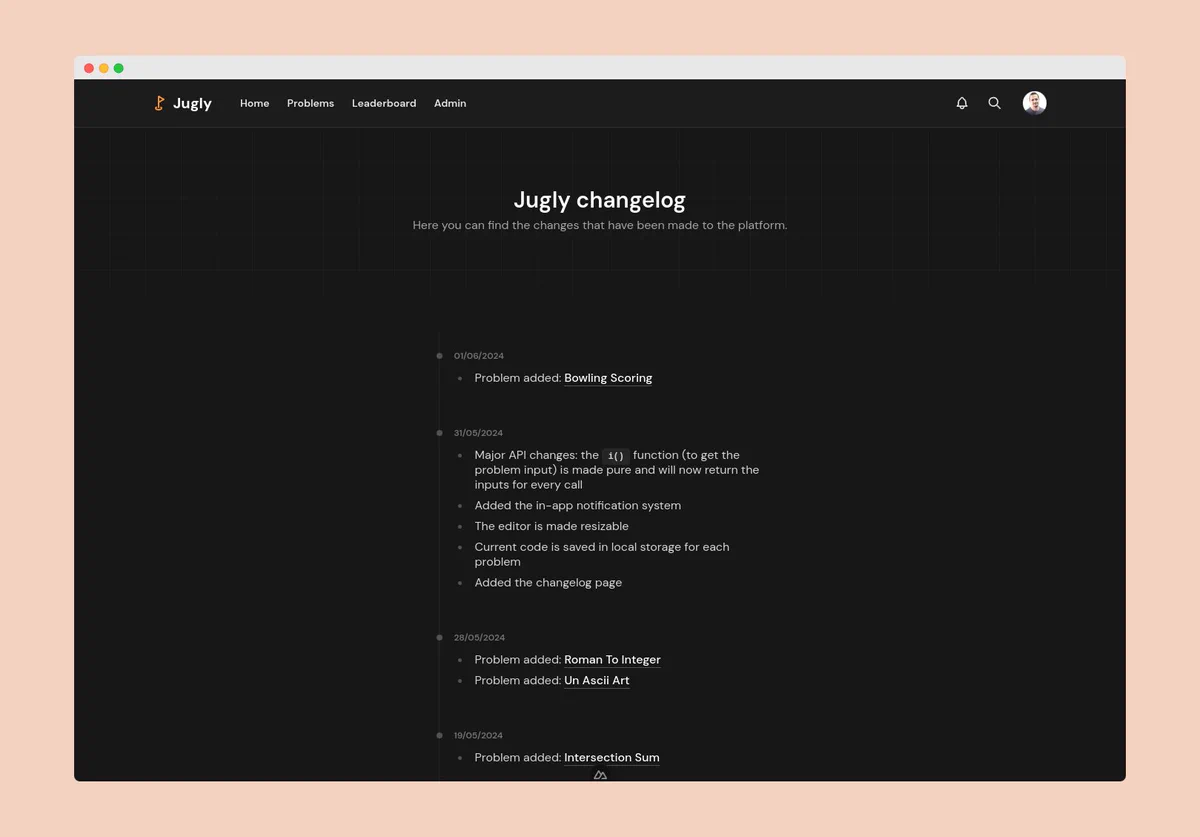 Mockup of the changelog page on jugly