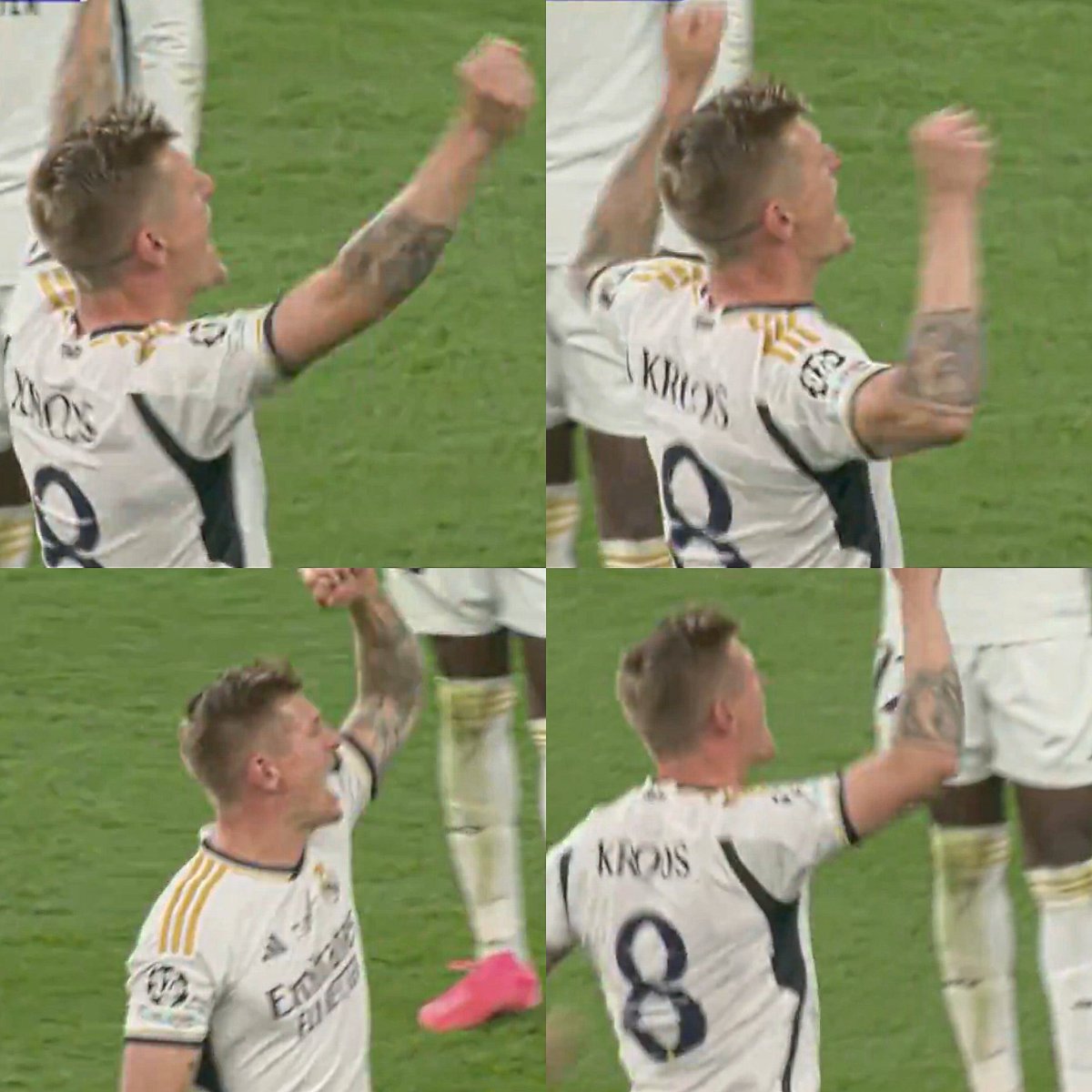 Juezcentral's tweet photo. Momento espectacular. Sale Toni Kroos, por última vez y como campeón de Champions. 

Y se despide con su puño arriba, celebrando con la hinchada, que enloquece. Fue un placer, DON ANTONIO. https://t.co/Kktasoac4F