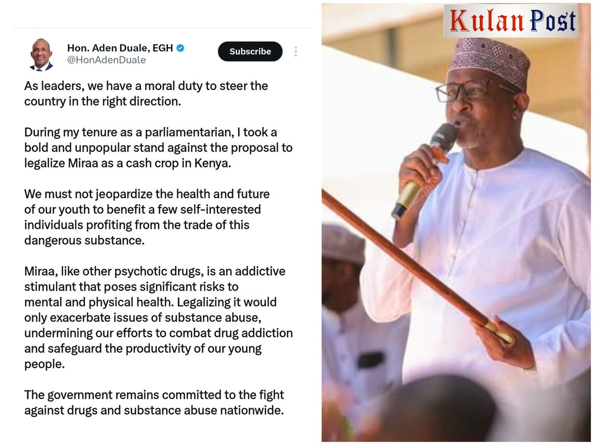 kulanpost's tweet image. CABINET Secretary for Defence Aden Duale becomes the most senior State official to call for a ban on Miraa.

"During my tenure as a parliamentarian, I took a bold and unpopular stand against the proposal to legalize Miraa as a cash crop in Kenya." #muguka