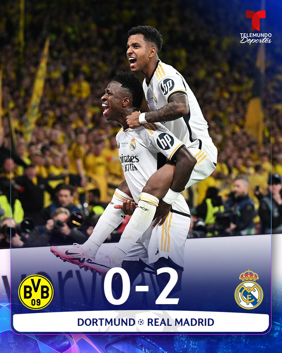 TelemundoSports's tweet photo. ¡¡REAL MADRID CAMPEÓN DE CHAMPIONS LEAGUE!! 🌟⚪️👑

Con goles de Carvajal y Vinicius, Real Madrid venció a Borussia Dortmund en Wembley 👏

Fue el último partido de Toni Kroos con los merengues 👋

¿Podrá algún equipo alcanzarlos en copas? 😉

#UCL #UCLfinal https://t.co/iIP8cgx9io