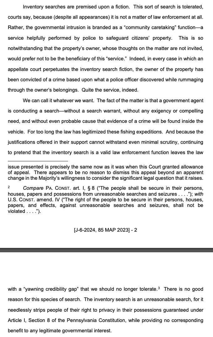 We should eliminate the inventory exception to the warrant requirement under the Pennsylvania Constitution, Justice Wecht argues: It's premised on a fiction.
pacourts.us/assets/opinion… #N