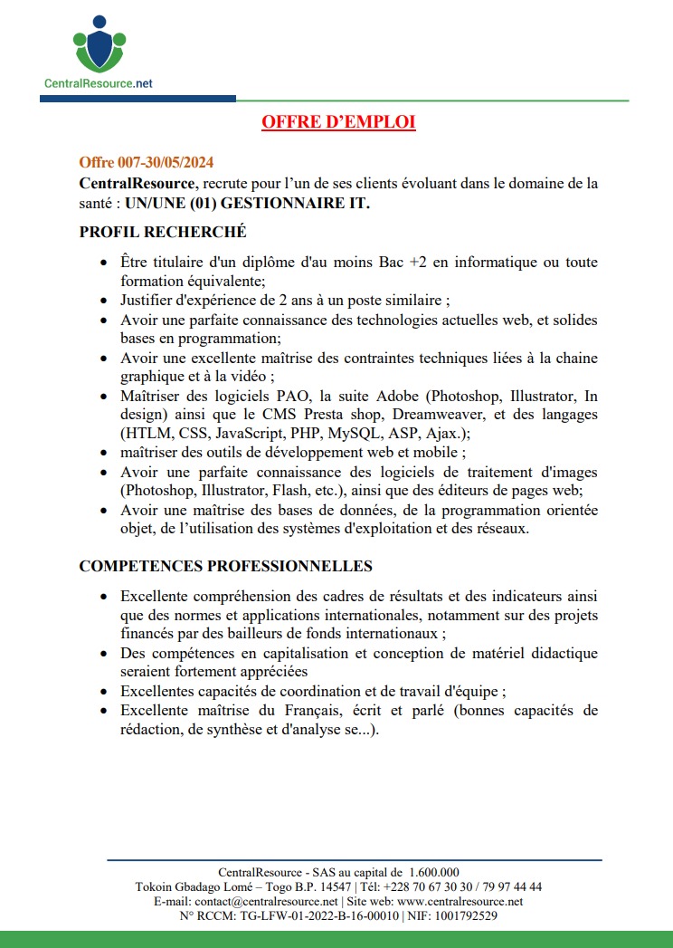 CENTRALRESOURC's tweet photo. UN/UNE (01) GESTIONNAIRE IT

#Centralresource #emploi
#Recrutement #developpeurweb
#Tgtwittos #fullstackdeveloper
@228togoviwo https://t.co/SdCiSFWZxS