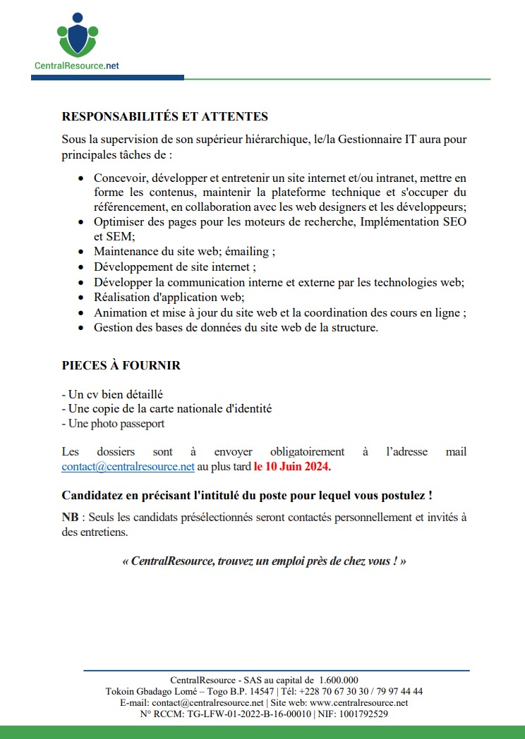 CENTRALRESOURC's tweet photo. UN/UNE (01) GESTIONNAIRE IT

#Centralresource #emploi
#Recrutement #developpeurweb
#Tgtwittos #fullstackdeveloper
@228togoviwo https://t.co/SdCiSFWZxS