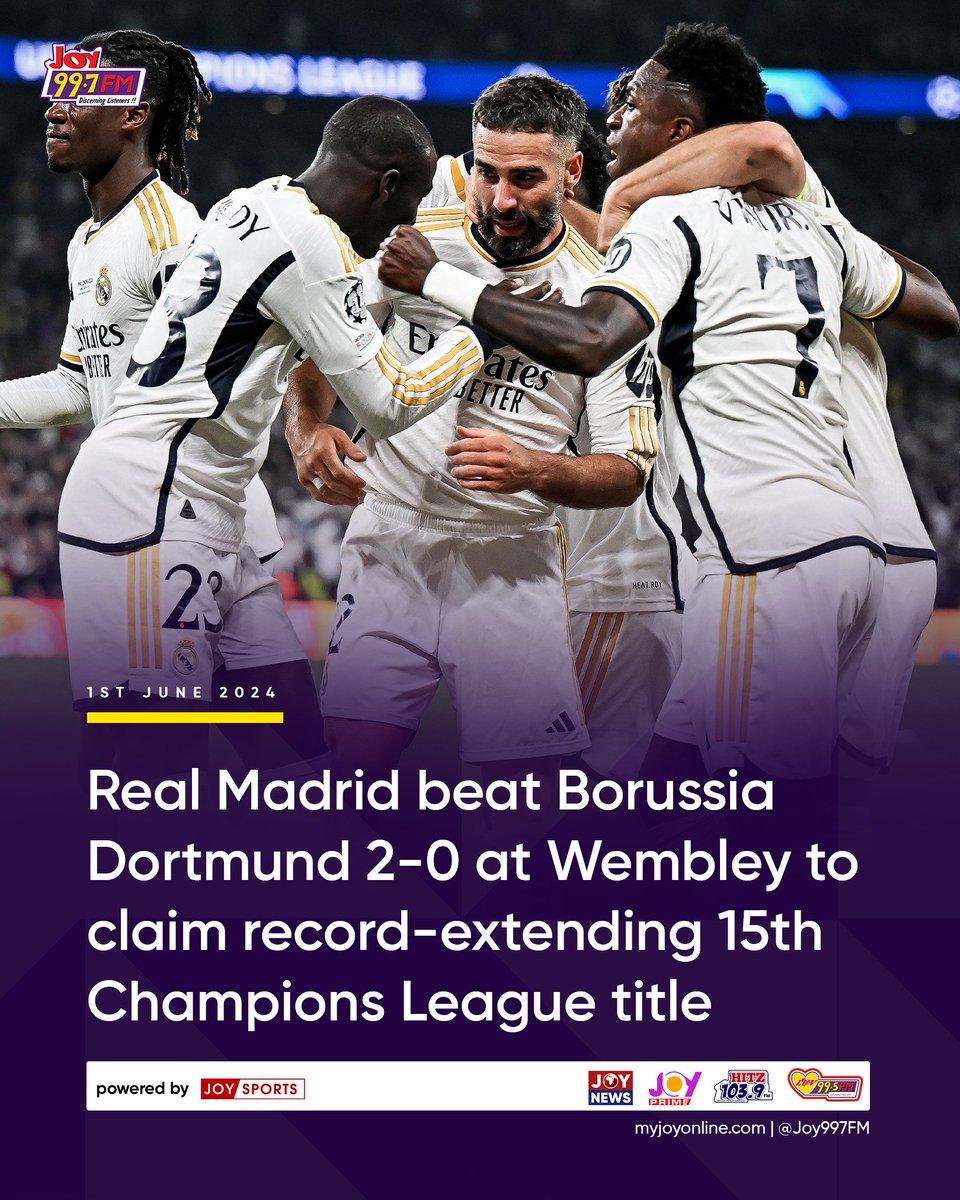 Real Madrid beat Borussia Dortmund 2-0 at Wembley to claim record-extending 15th Champions League title #JoySports | #HitzRepUrJesey24 | #UCLfinal