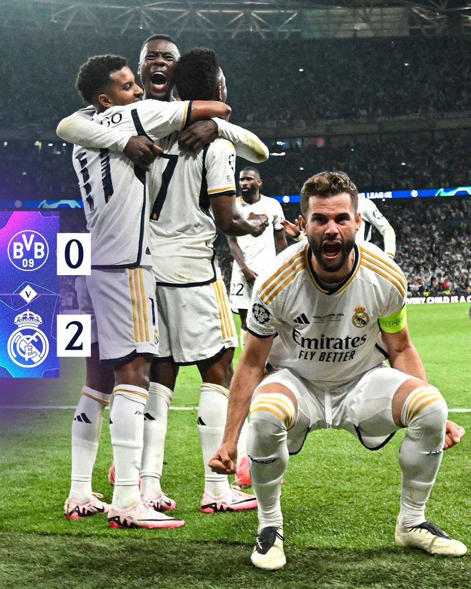 🏆 #CHAMP15NS! 🏆
🏁 <a href="/BlackYellow/">Borussia Dortmund</a> 0-2 <a href="/realmadriden/">Real Madrid C.F. 🇬🇧🇺🇸</a>
⚽ 74' <a href="/DaniCarvajal92/">Dani Carvajal Ramos</a>
⚽ 83' @ViniJr
#UCL