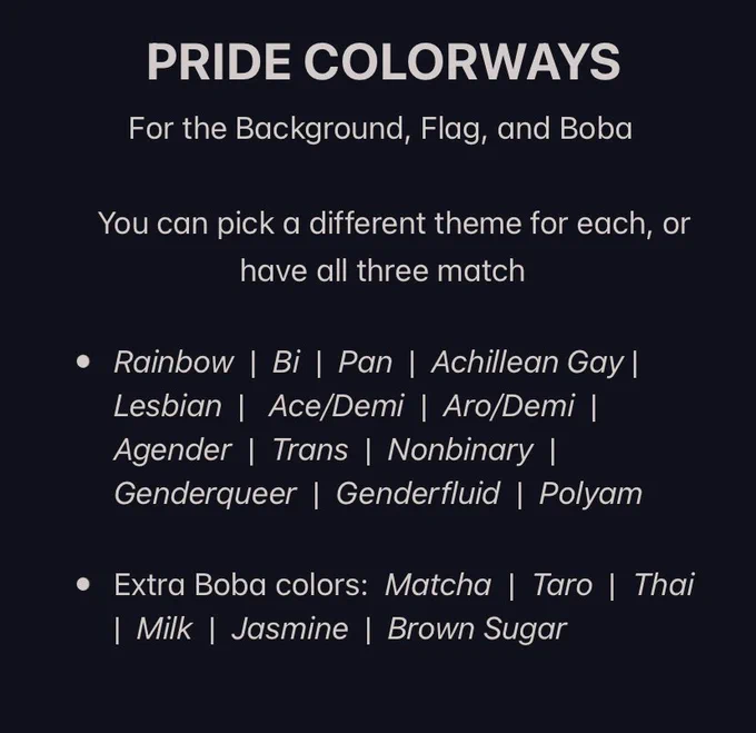  BOBA PRIDE ICONS   1 3 5 Flat Only open for one week Human &amp; Anthro welcome Add up to 4 different flag color customizations on one icon (out of 13 options) - if you need one that isn't listed, just let me know!• COMMENT `CLAIM' BELOW IF INTERESTED • 
