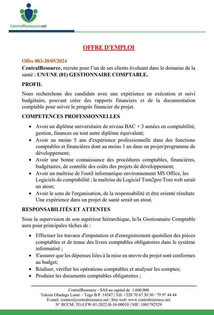 CENTRALRESOURC's tweet photo. UN/UNE (01) GESTIONNAIRE COMPTABLE

#Centralresource #emploi
#Recrutement #Comptabilité
#Gestion #Tgtweettos 
@228togoviwo https://t.co/U8xswSwvCm