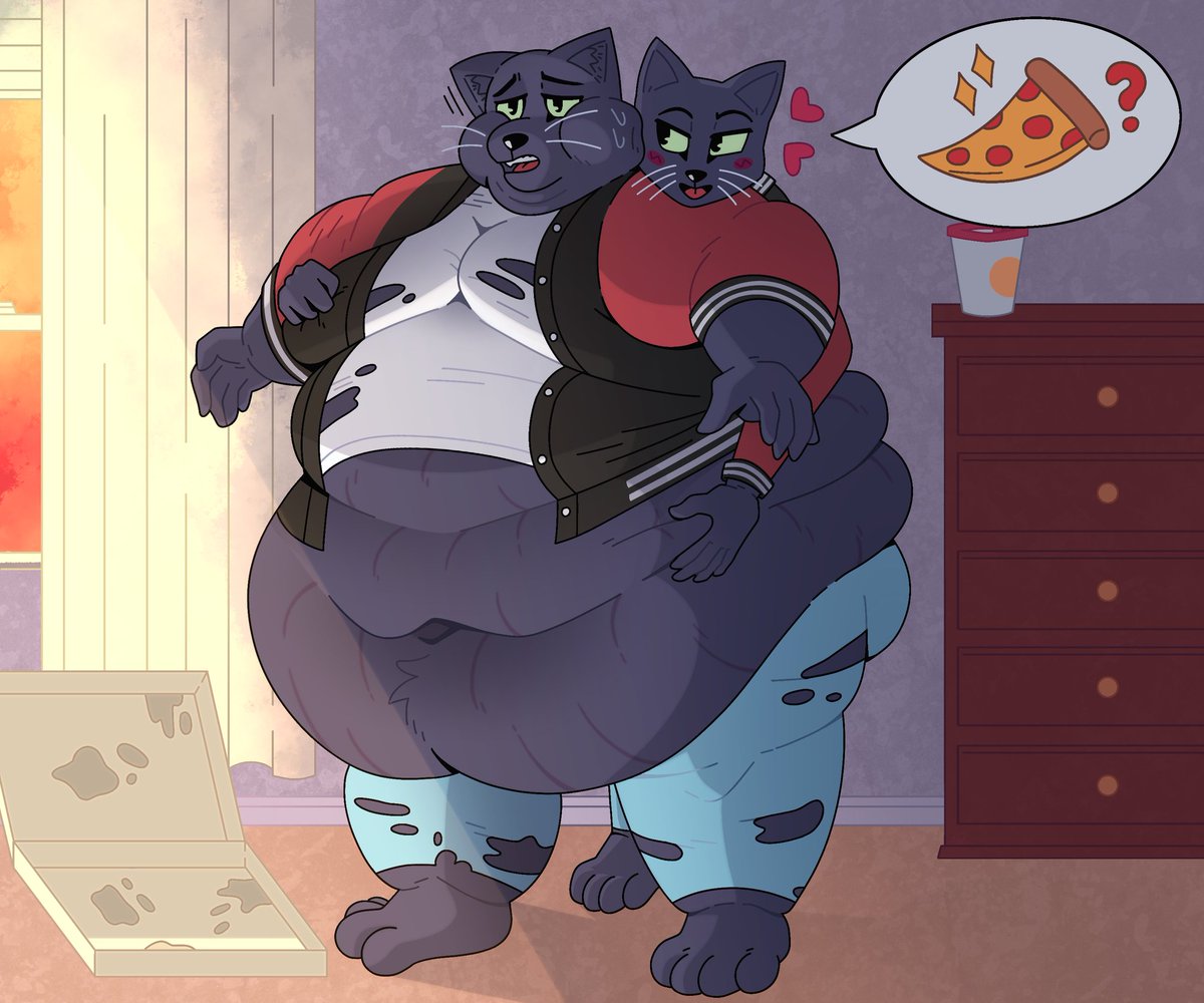 BFangcook's tweet photo. Awesome weight gain sequence from @Fruppyo #fatfur #fatfurs #fatfurry. Yes it's the cats from the Lone Digger music video again, absolutely love how heavy he looks in the second pic. https://t.co/FxIyTOPADE