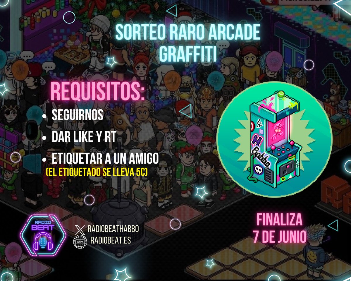 ⭐️⭐️SORTEO RADIOBEAT ⭐️⭐️
🎶RARO ARCADE GRAFFITI🎶
Requisitos 🌟
➡️Seguirnos <a href="/radiobeathabbo/">Radio Beat</a> 
➡️Dar Like ❤️y Rt 🔁
Opcional etiquetar a un amigo ( si ganas tu etiquetado se lleva 5c)
¡SUERTE!🍀
RadioBeat diferente a todas, igual a ti. ❤️