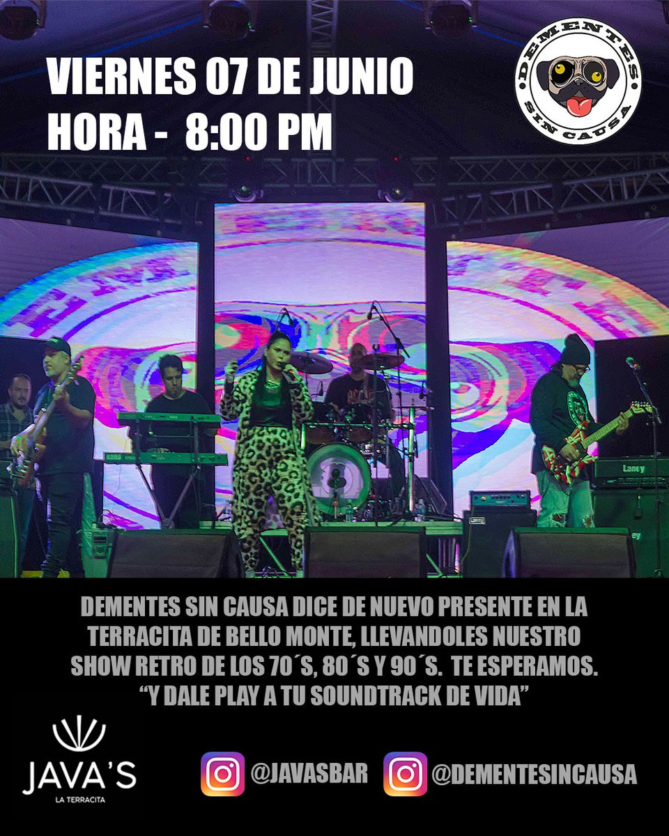 ... <a href="/dementsincausa/">Dementes Sin Causa Band</a> en @javasbar_ve
Viernes 07 de junio de 2024
8:00 pm
🤘🎤🎸🥁🎹🎵🎶🔥
