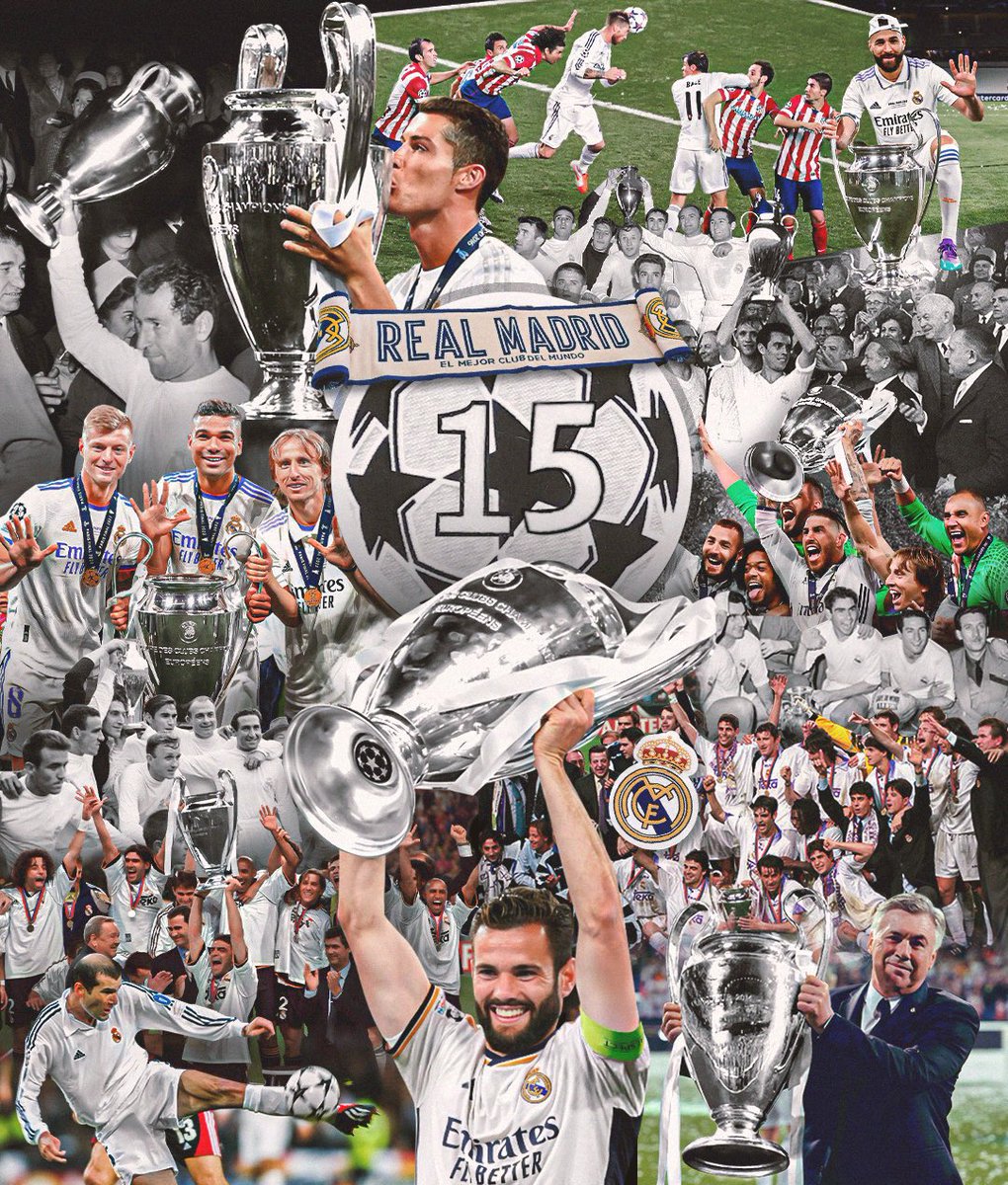 ريال مدريد بطلًا لدوري الأبطال عبارة نُقشت في لوح كرة القدم الأبدي لم ولن تزول بتاتًا، ١٥ دوري أبطال متجاوزًا دوريات، متعديًا أندية وفرق، من خُلق من تربة المجد لا يستهويه إلا قمة البطولات
عشت أبدًا محلقًا فوق رؤوس الأندية يا ريال