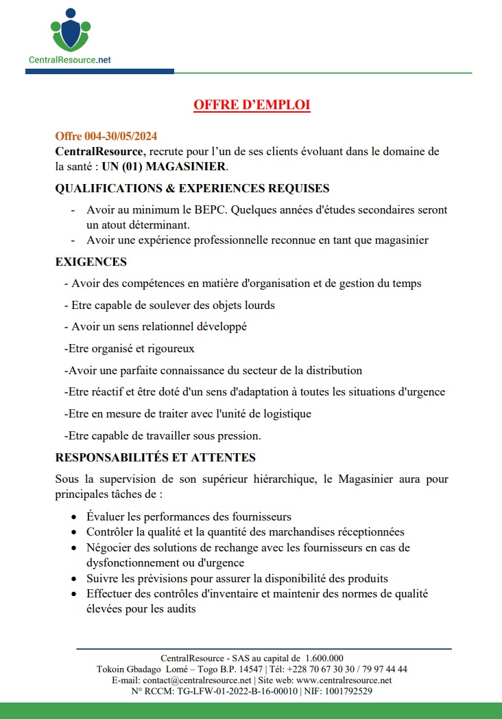 CENTRALRESOURC's tweet photo. UN (01) MAGASINIER

#Centralresource #emploi
#Recrutement #Magasinier
#Gestiondestock #Tgtwittos 
@228togoviwo https://t.co/QDIXKSrDyY