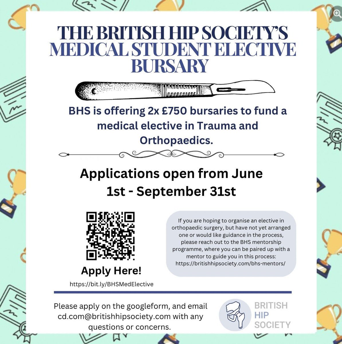 British Hip Society (@britishhip) on Twitter photo We are delighted to announce the <a href="/BritishHip/">British Hip Society</a> Medical Student Elective Bursary, open to all medical students undertaking an elective in Trauma & Orthopaedics.
Applications open tomorrow.
Application link: docs.google.com/forms/d/e/1FAI…
Further details can be found on the flyer below! We are delighted to announce the <a href="/BritishHip/">British Hip Society</a> Medical Student Elective Bursary, open to all medical students undertaking an elective in Trauma & Orthopaedics.
Applications open tomorrow.
Application link: docs.google.com/forms/d/e/1FAI…
Further details can be found on the flyer below!