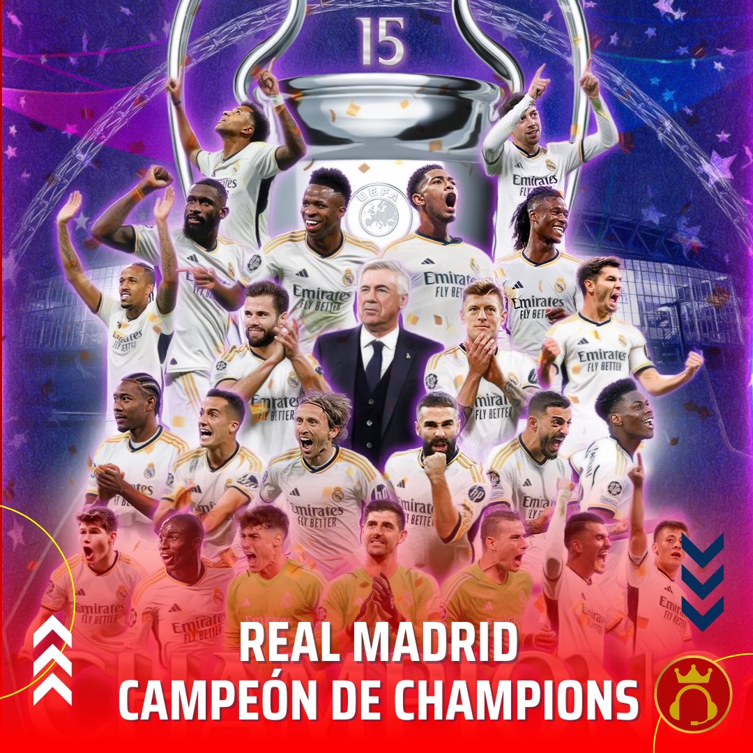 CortazarPodcast's tweet photo. ¡REAL MADRID CAMPEÓN DE EUROPA! 🏆🇪🇸

🔥 Llegó la 1️⃣5️⃣ para los “merengues”, tras derrotar 2-0 al Borussia Dortmund en Wembley.

🔝 EL MÁS GRANDE DEL MUNDO.

#CortazarPodcast #FanaticosExpertos https://t.co/Xmh1M38DxZ