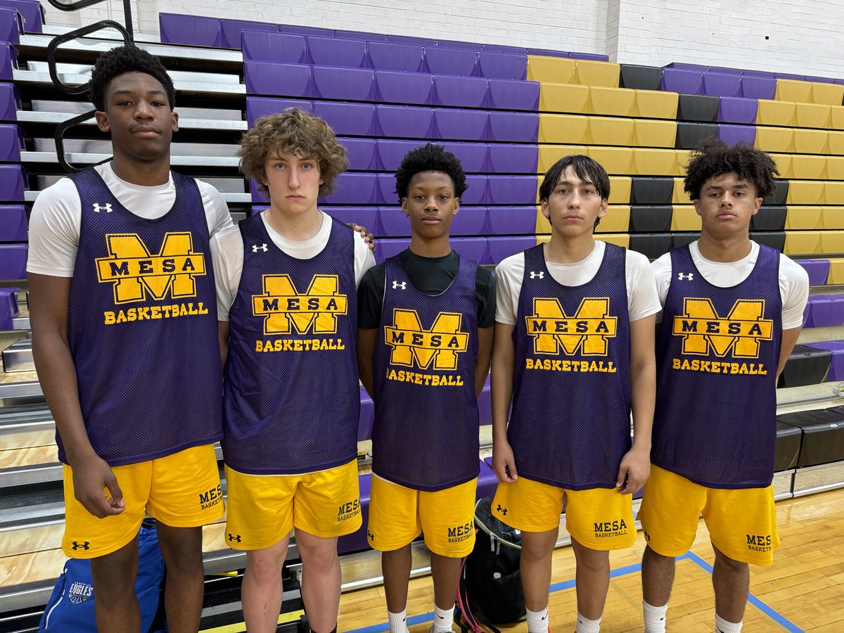 Mesa HS will have another big season behind this group of talented performers. (Pictured from left to right, 6-6 SOPH London Haskell, 6-2 JR John Petersen, 5-10 FR Daijon Grayson, 5-10 JR Jarren Galatia and 5-11 JR Jordan Robertson). ⁦<a href="/GC3Hoops/">George Courtney</a>⁩ ⁦<a href="/MesaBasketball/">Mesa Basketball</a>⁩