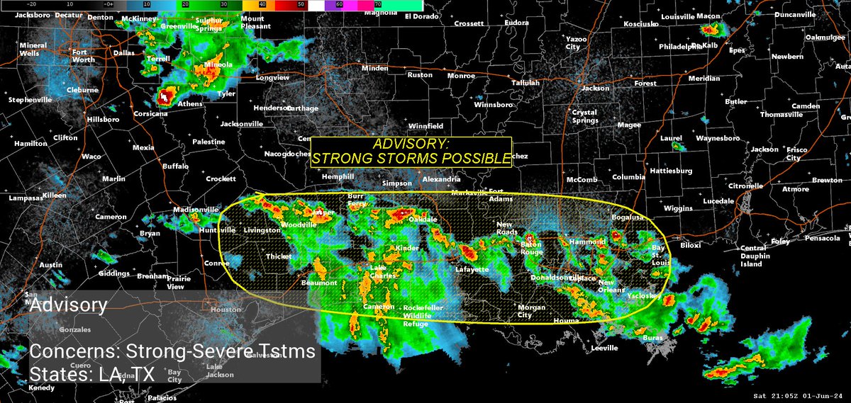 FrontlineWX's tweet photo. LWC WX Advisory: Weather models indicate the potential for strong to severe thunderstorms through late afternoon. (Expires: 6:30 PM CDT) #LAwx #TXwx https://t.co/iaRsFjQKxn
