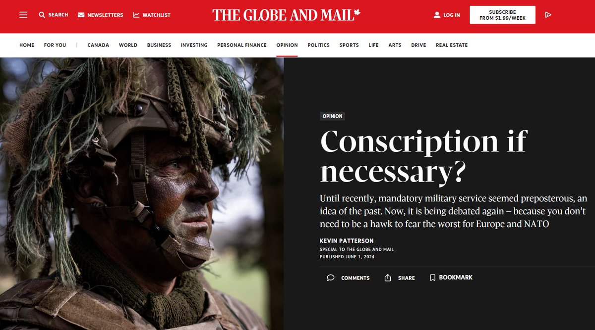 josephmhickey's tweet image. CONSCRIPTION: A REAL AND HORRIBLE POSSIBILITY

Now being discussed in Canada's most prestigious newspaper: The Globe &amp;amp; Mail

And government has set the precedent to crush and demonize protests against this most severe violation of civil liberty.

Link: archive.is/38iw6