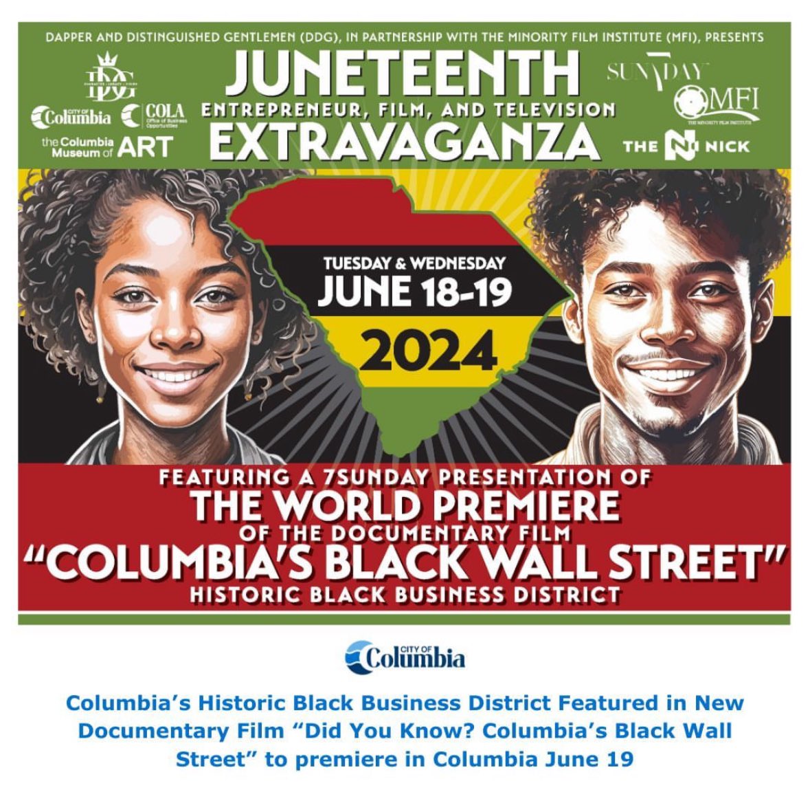 DDGent3's tweet photo. 🎉 Huge thanks to @cityofcolumbiascgov for creating amazing opportunities for creatives in Columbia and beyond! 🙌✨ Join us on June 18-19 for the Juneteenth Entrepreneur Film &amp; TV Extravaganza! 🎬
🎟️: https://t.co/KQlCJIvYPt https://t.co/xLe4Bvk4UW