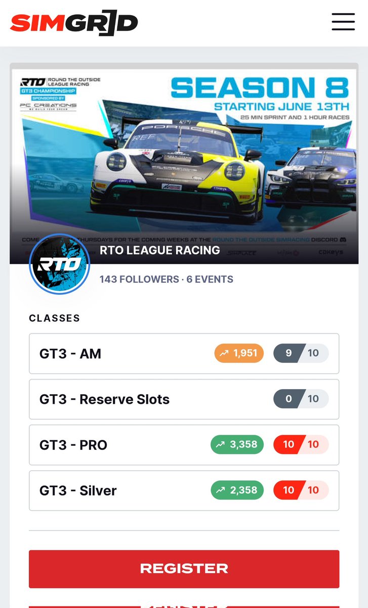 Only 1 AM space left for the RTO GT3 league starting in the 13th June! 10 reserve slots open and we will add all reserve drivers to the grid for round 1! Sign up fast! thesimgrid.com/championships/… #ACC #GT3 #LeagueRacing #YT #Live <a href="/AC_assettocorsa/">Assetto Corsa</a>