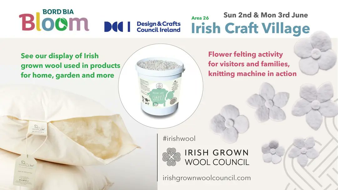 Join us at #IrishCraftVillage in <a href="/BordBiaBloom/">Bloom</a> with <a href="/DCCIreland/">Design & Crafts Council Ireland</a> Sun &amp; Mon: 9am - 6pm (Area 26)
🐑 Irish grown wool products for home, garden +
🌺 Flower felting activity, knitting machine in action
Panel Talk Sun @ 2.45pm #SustainableLivingStage (Area 25). lnkd.in/epuebA3f
