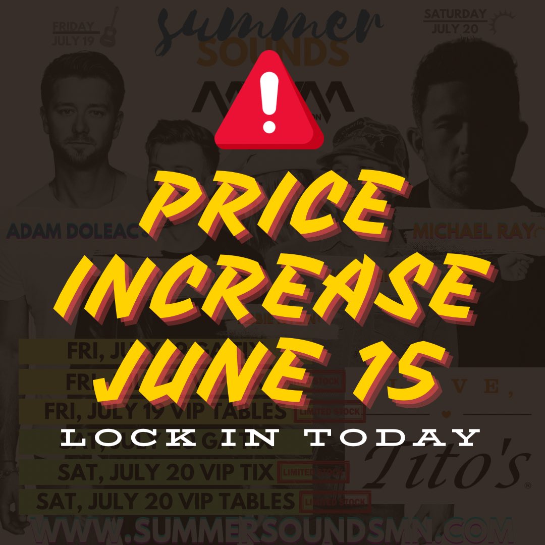 ☀️🎸SUMMER SOUNDS
Grab your tix today!

FRIDAY, JULY 19th
Gates open at 5PM
Headliner: Adam Doleac
Direct Support: Chase Wright
 
SATURDAY, JULY 20th
Gates open at 4PM
Headliner: Michael Ray
Direct Support: Noah Hicks
Special Guest: Abbie Nylin

🎫 summersoundsmn.com