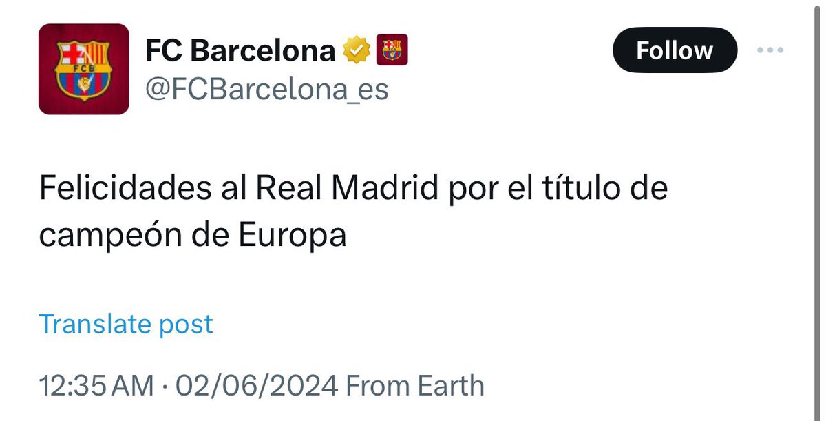 🚨🚨🚨🚨🚨🚨— حساب برشلونة الرسمي:

تهانينا لـ ريال مدريد على الفوز بدوري أبطال أوروبا